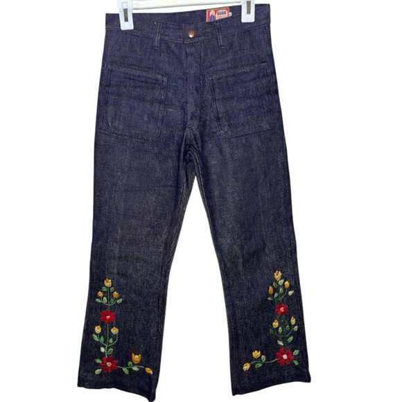 Vintage 1970s floral embroidered flare jeans Dude waist 28 spring dark wash Y2K